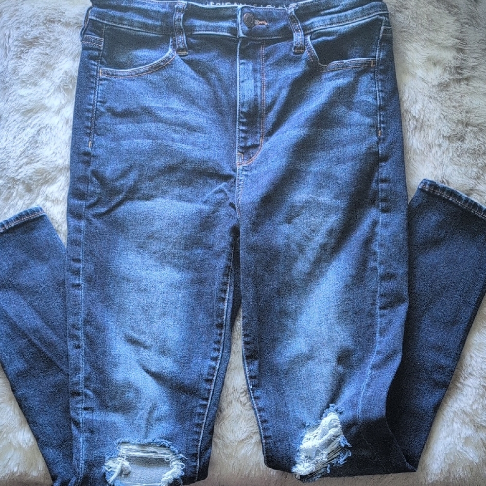 American Eagle Outfitters Blue Skinny Jeans with Distressed Details